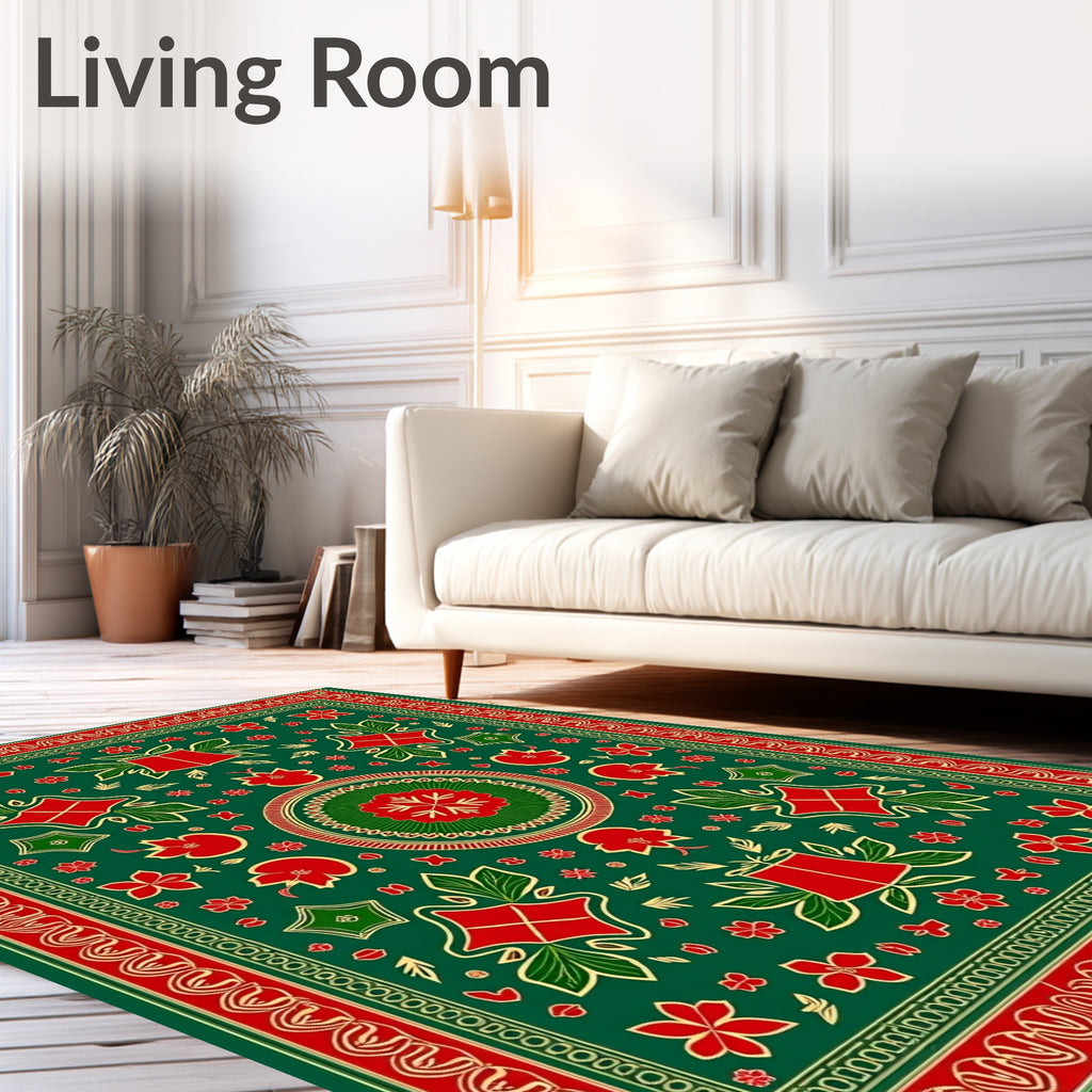 Red Green Floral Medallion Bordered Rug