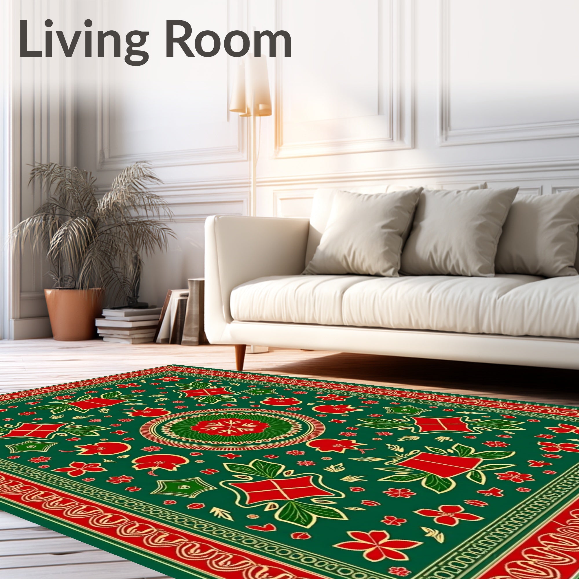 Red Green Floral Medallion Bordered Rug