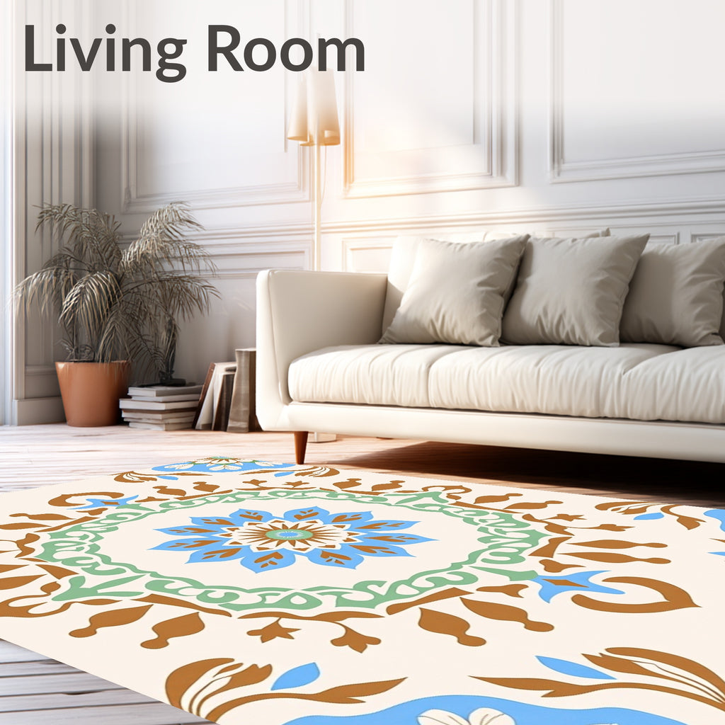 Ivory Blue Floral Medallion Brown Accents Rug