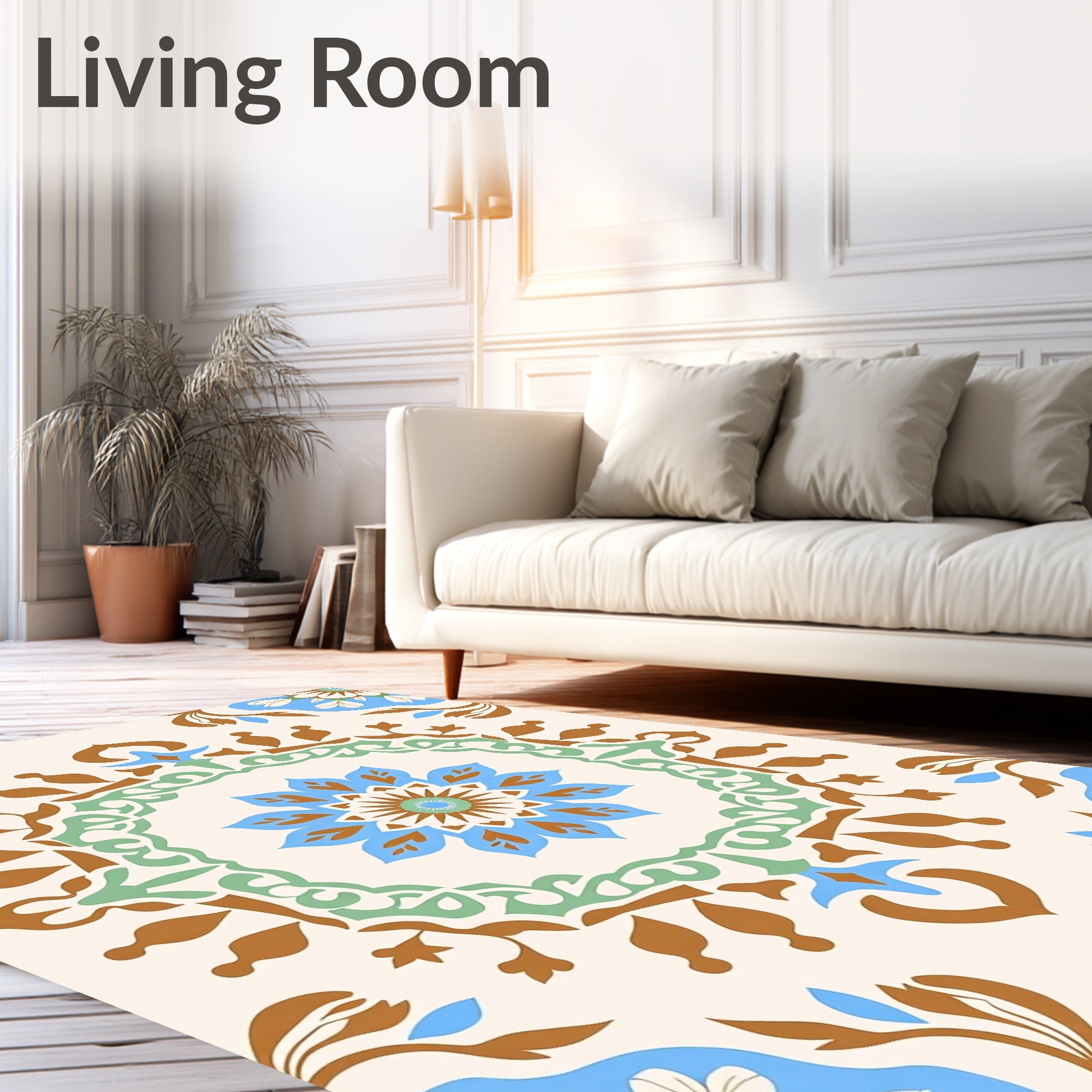 Ivory Blue Floral Medallion Brown Accents Rug