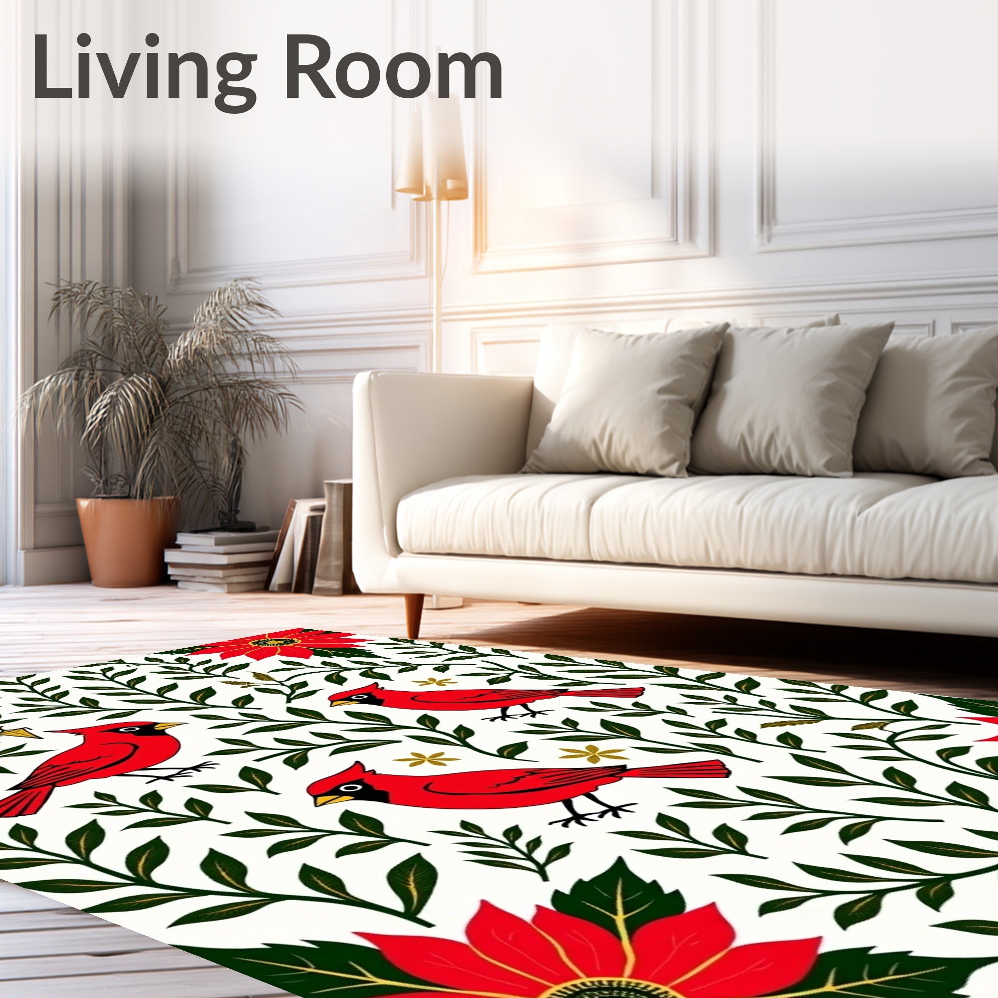 Crimson Cardinal Poinsettia Garden Scene Rug