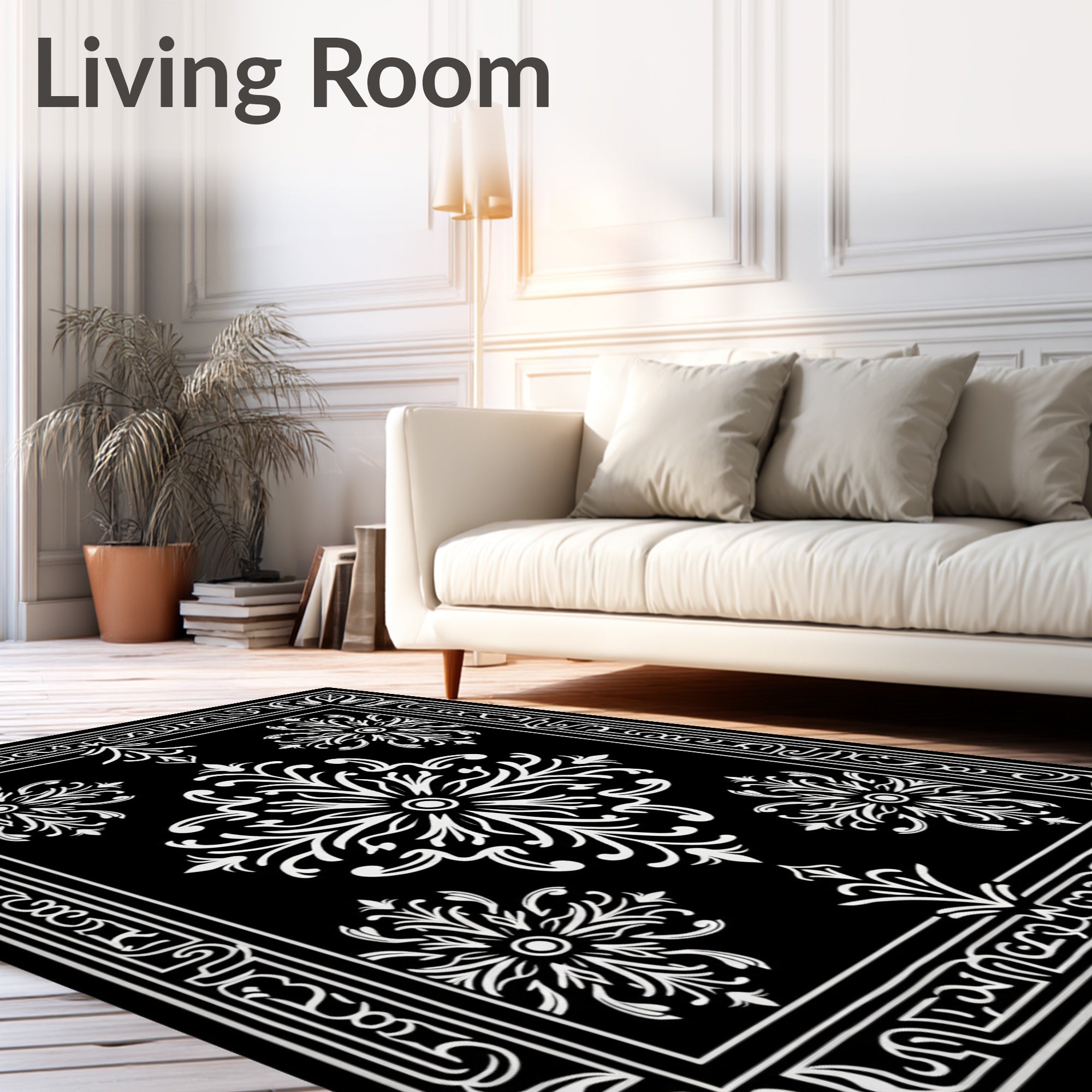 Elegant Black White Floral Arrangement Rug