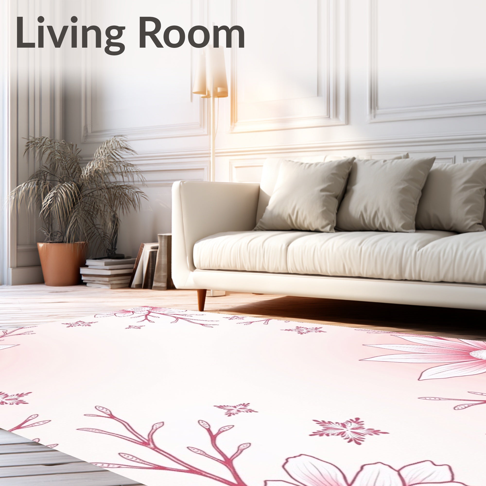 Coral Pink Floral Branch Border Rug