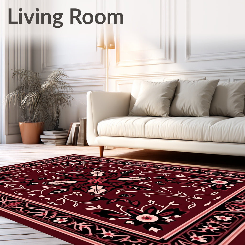 Ornate Scarlet Floral Vine Border Rug