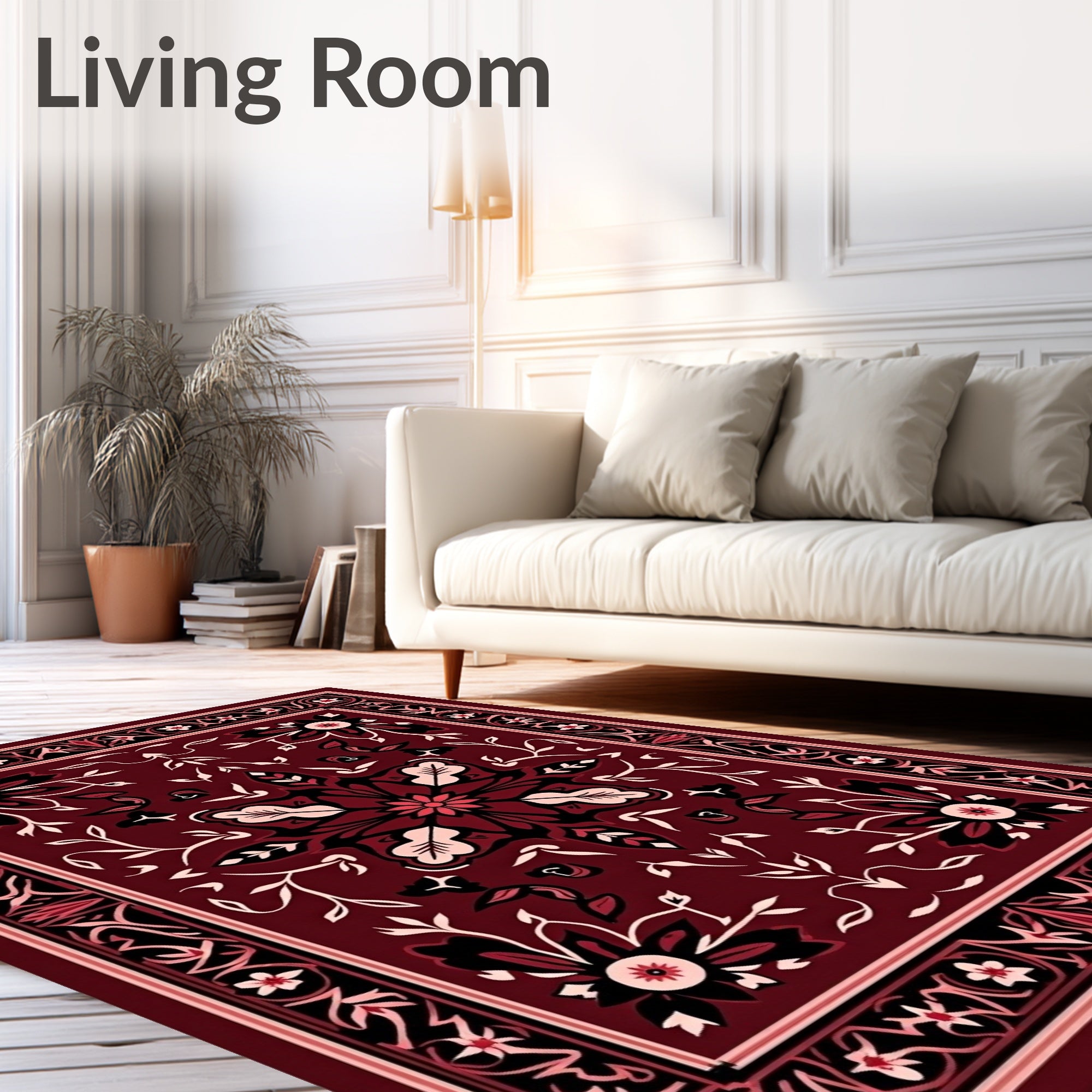 Ornate Scarlet Floral Vine Border Rug