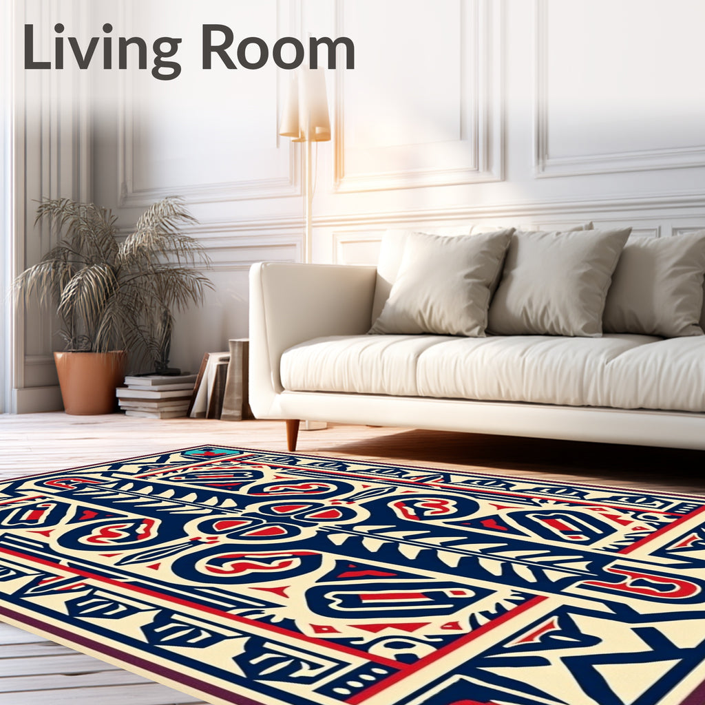 Bold Blue Red Ivory Geometric Symbol Rug