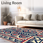 Bold Blue Red Ivory Geometric Symbol Rug