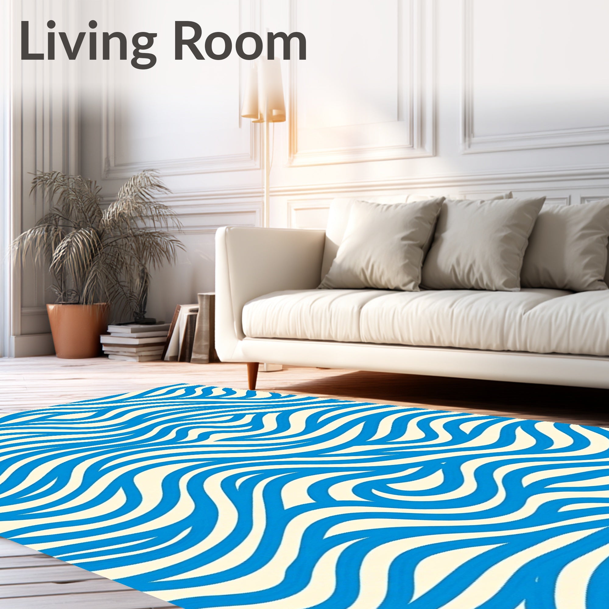Bold Blue Cream Swirling Lines Rug