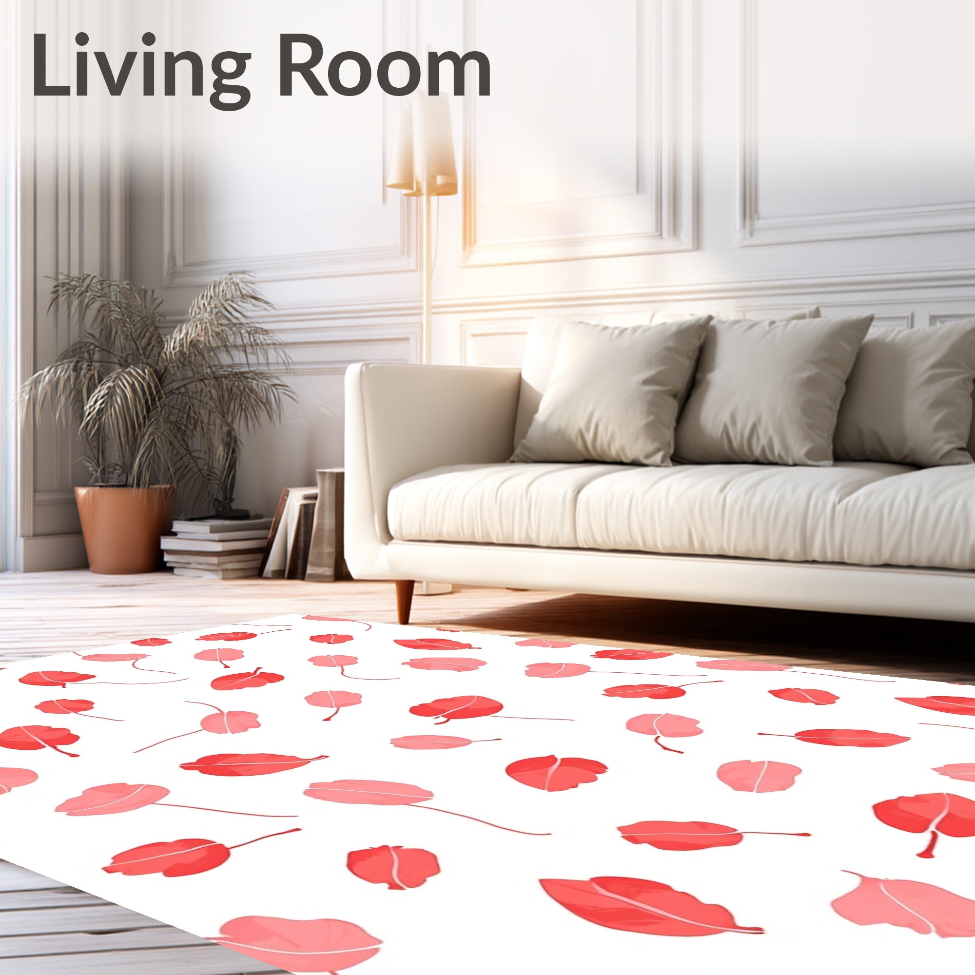 Coral Petal Scatter Across White Rug