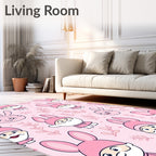 Cute Pink Bunny Characters Floral Pattern Rug