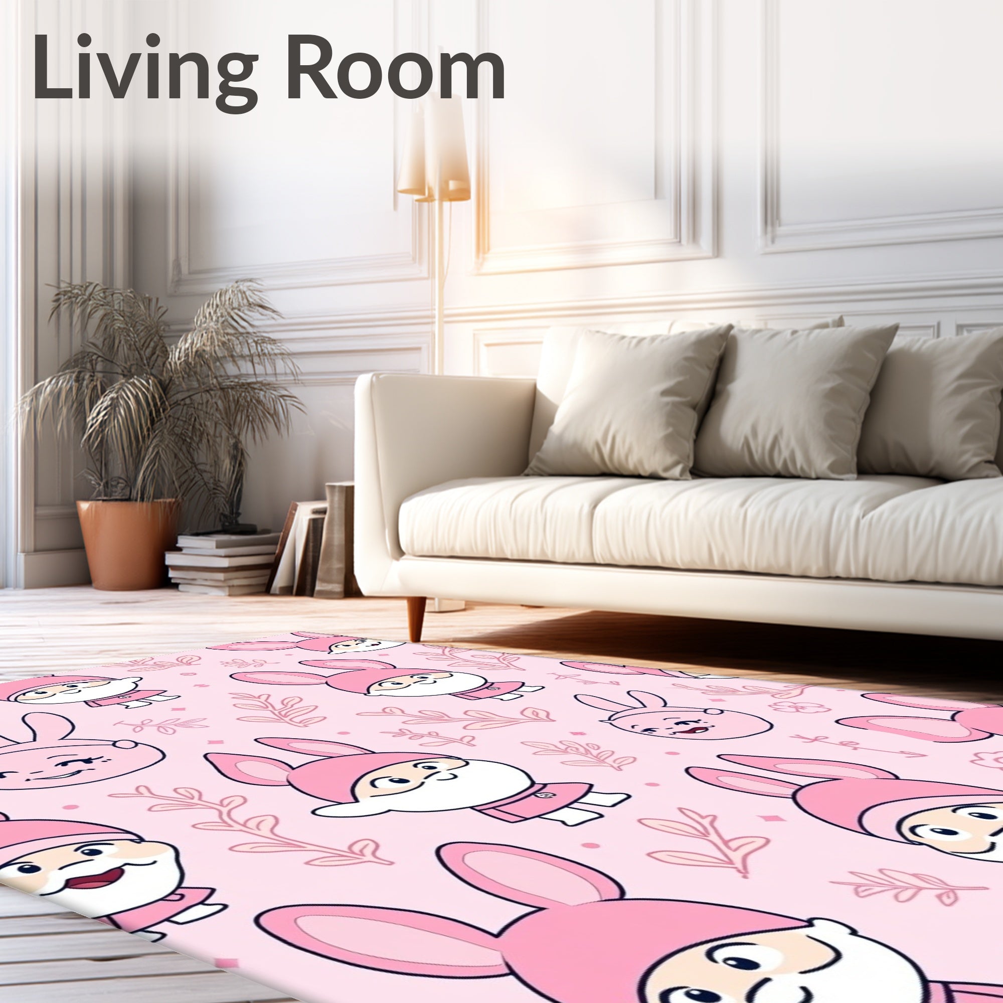 Cute Pink Bunny Characters Floral Pattern Rug