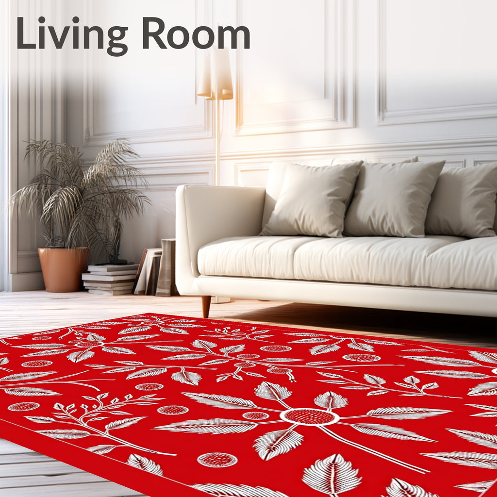 Vibrant Red White Botanical Branches Rug