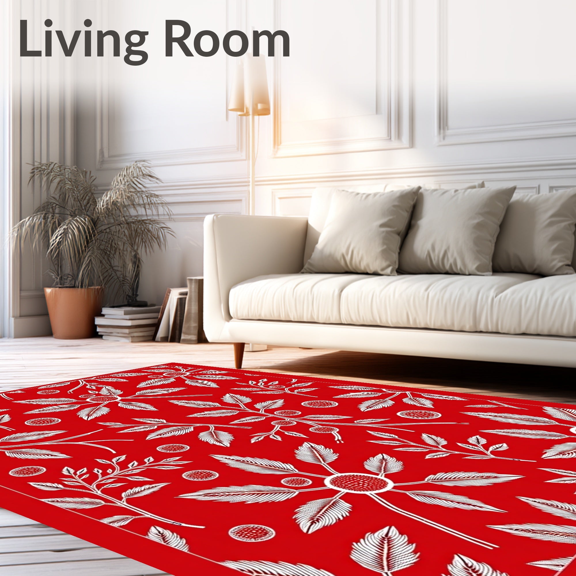 Vibrant Red White Botanical Branches Rug