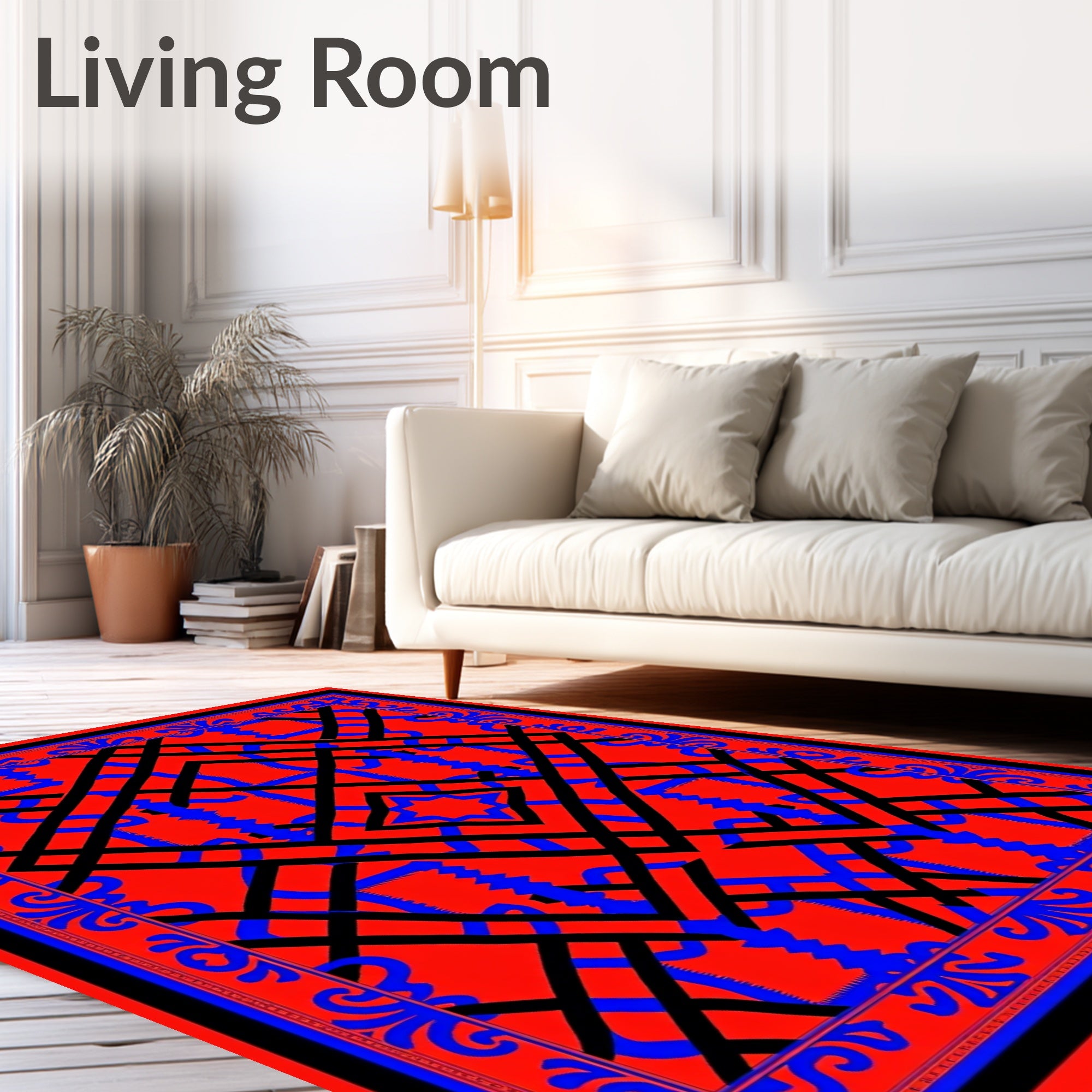 Bold Red Black Blue Interlocking Geometric Rug