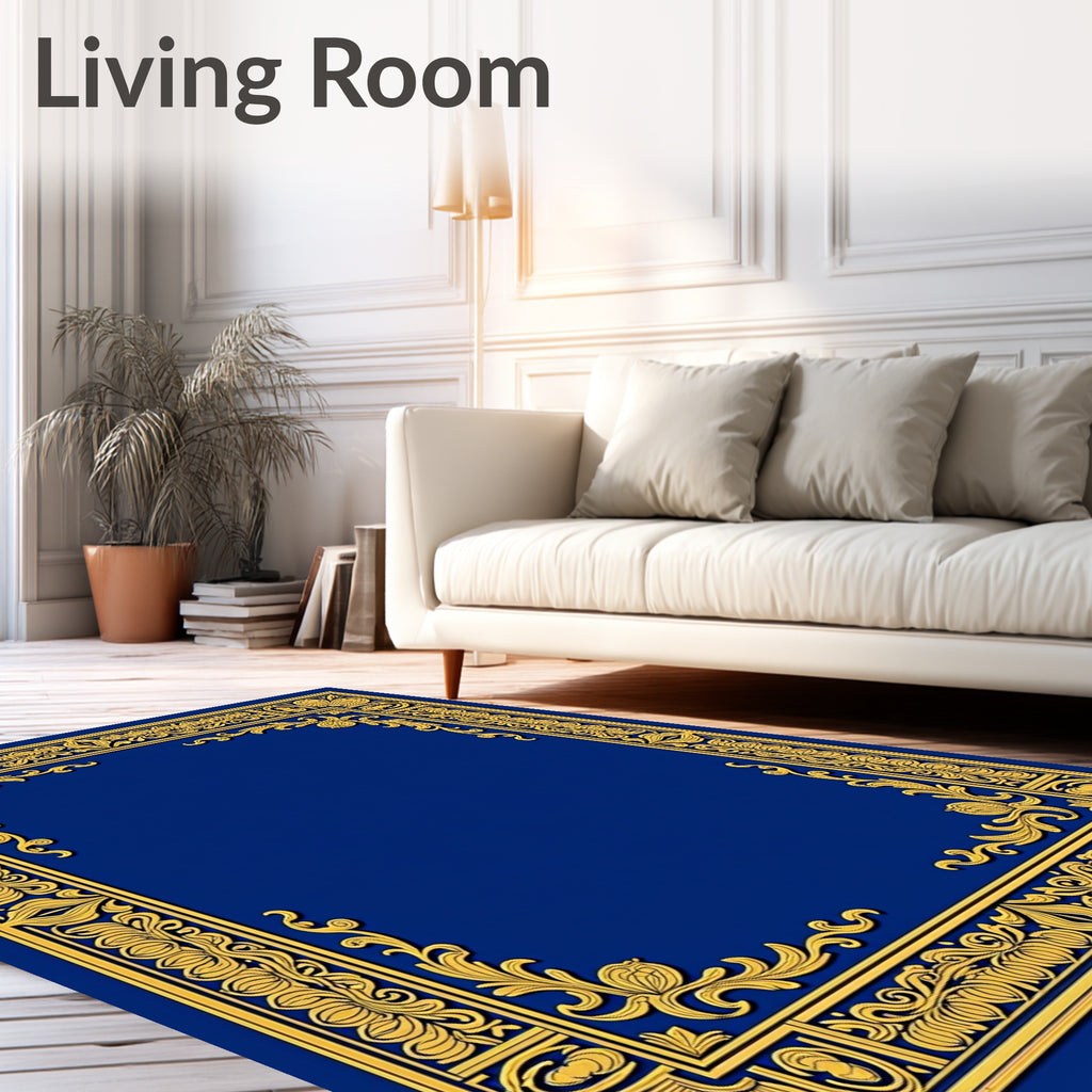 Ornate Gold Blue Floral Border Rug