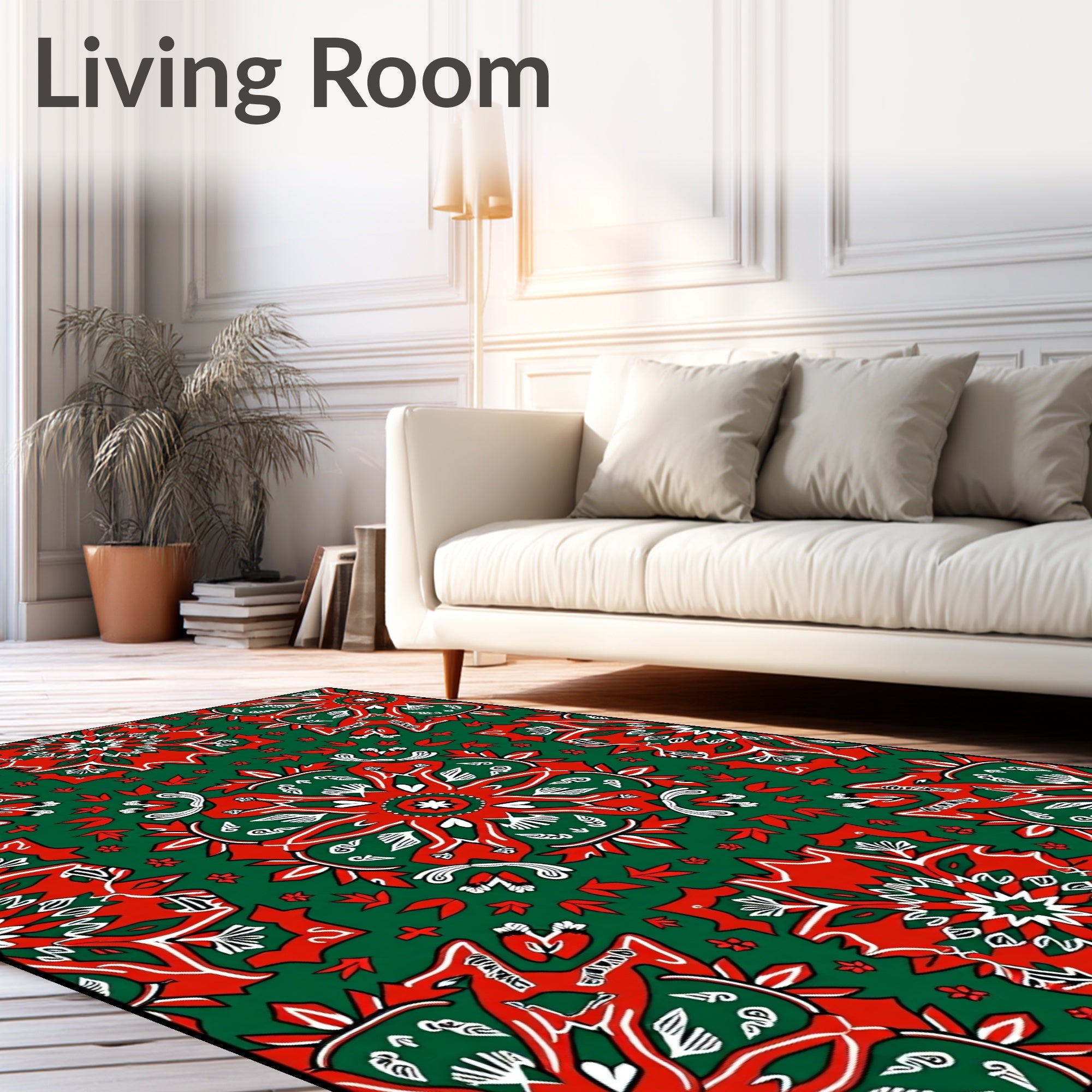 Red White Green Medallion Floral Rug