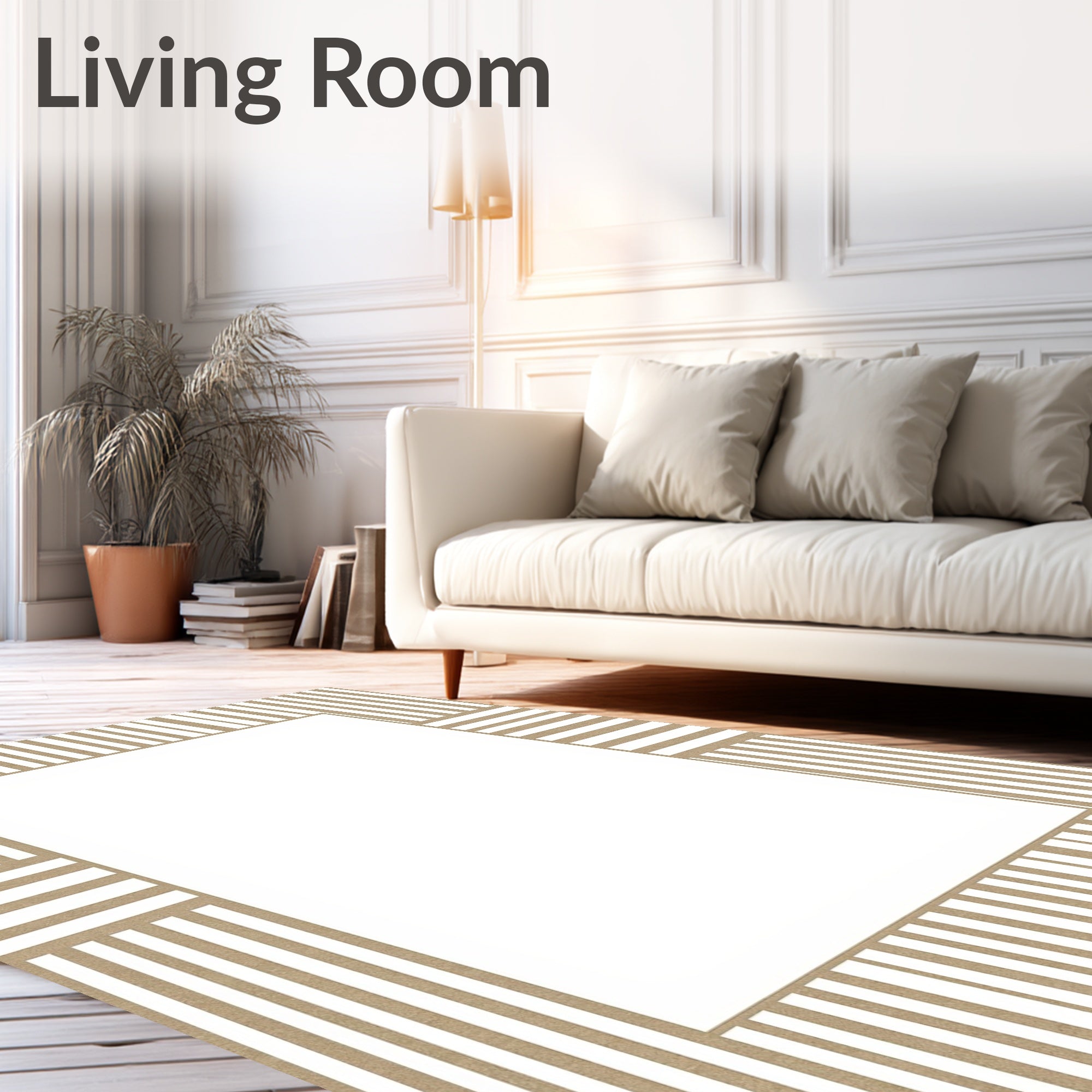 Neutral Taupe Vertical Stripe Border Rug