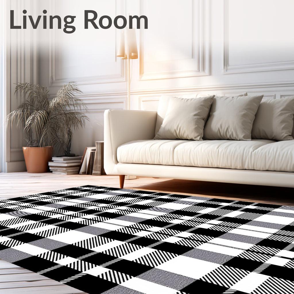 Classic Black White Plaid Lines Rug
