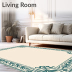 Teal Floral Border Scrollwork Frame Rug