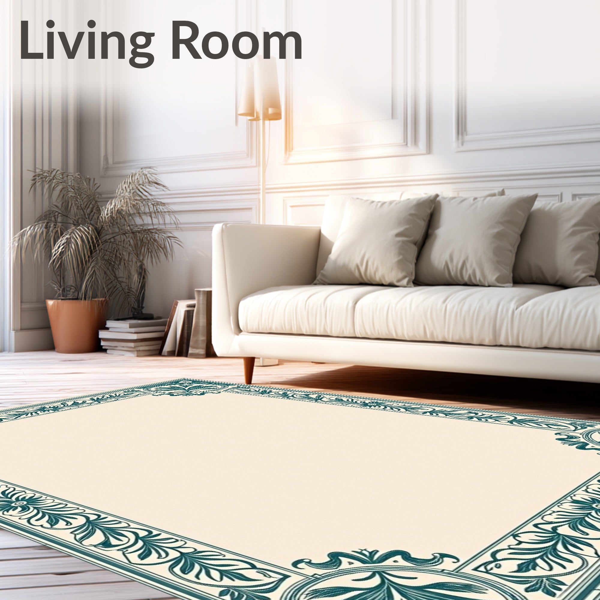 Teal Floral Border Scrollwork Frame Rug