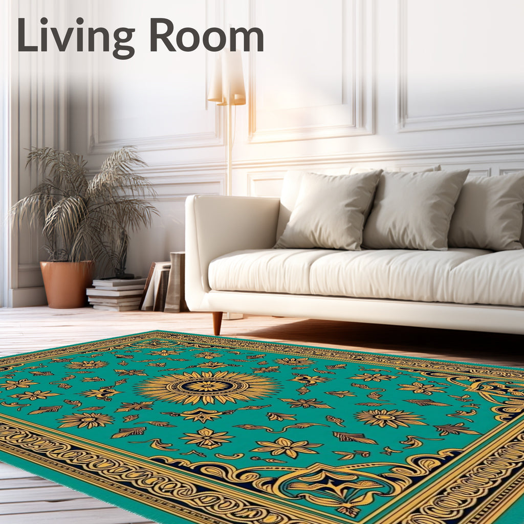 Golden Teal Floral Sunburst Medallion Rug