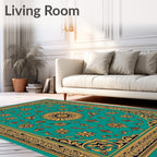 Golden Teal Floral Sunburst Medallion Rug