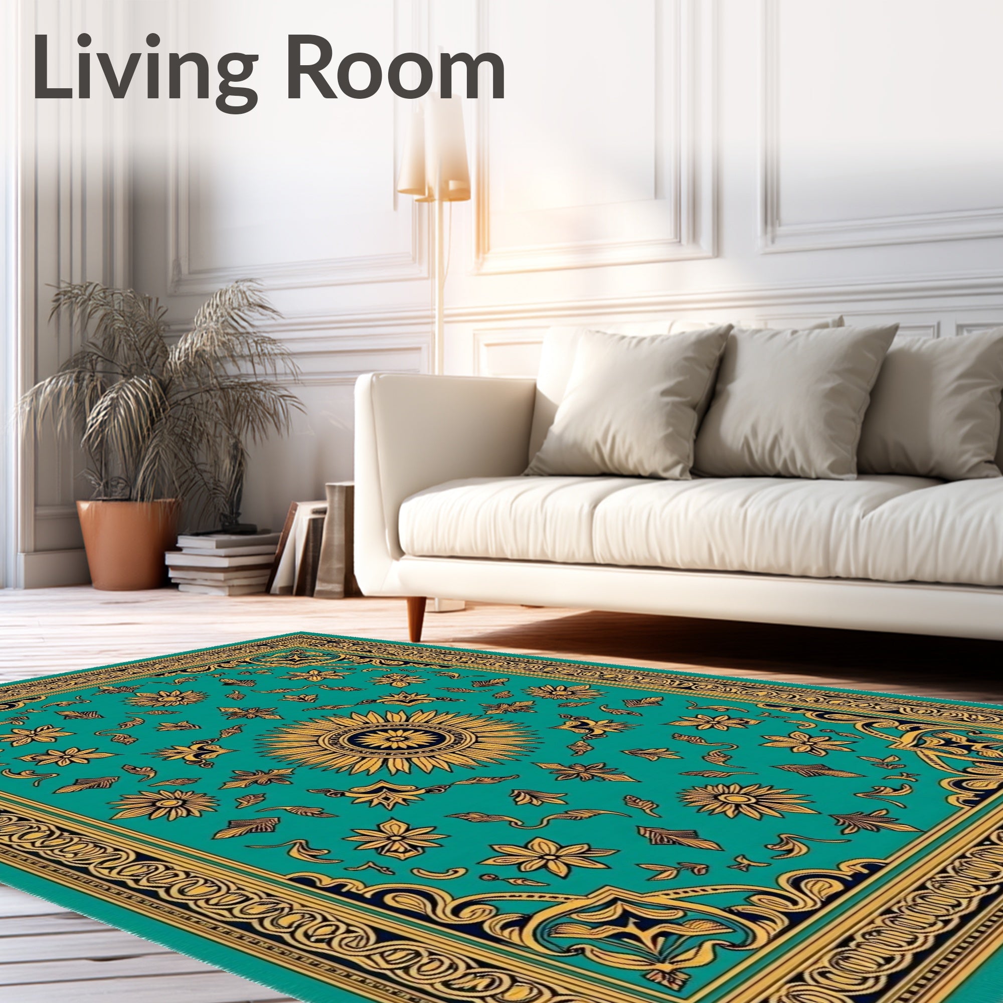 Golden Teal Floral Sunburst Medallion Rug