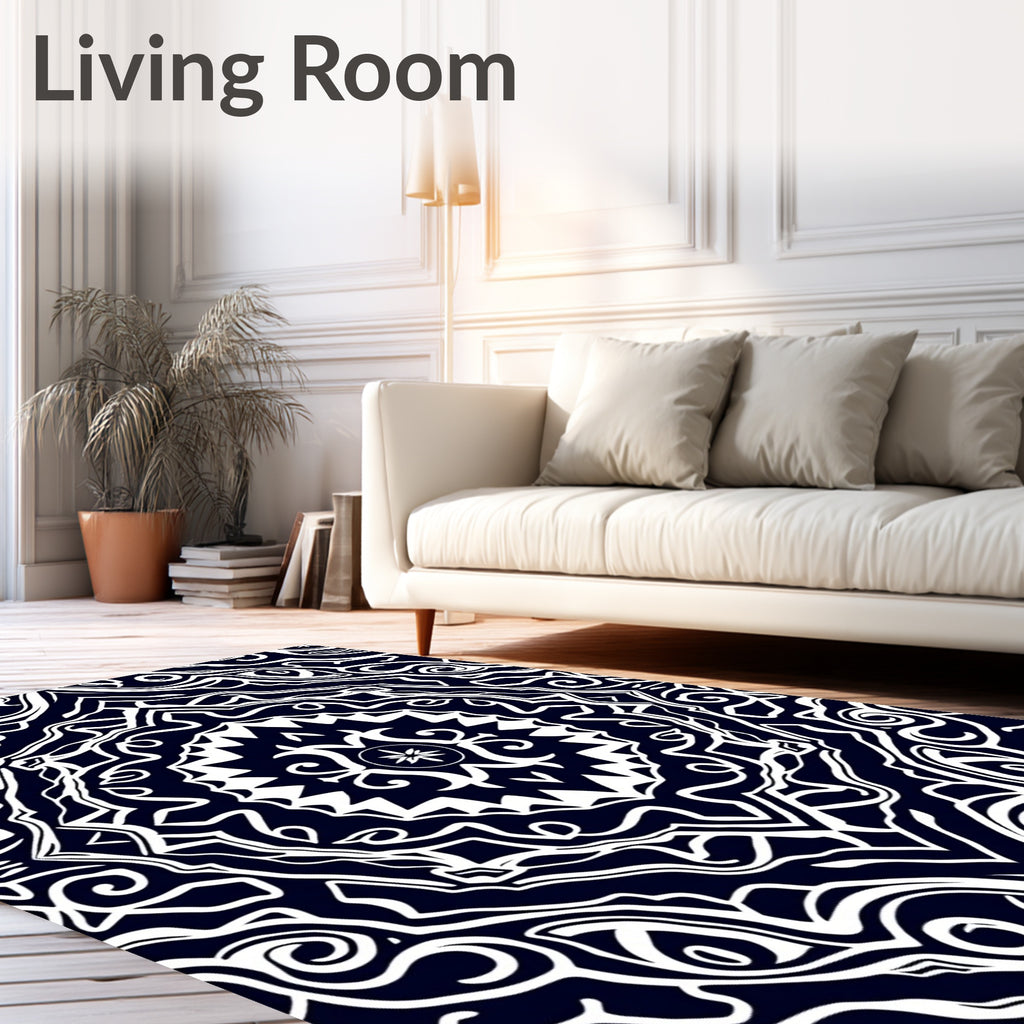 Dark Blue White Mandala Flow Rug