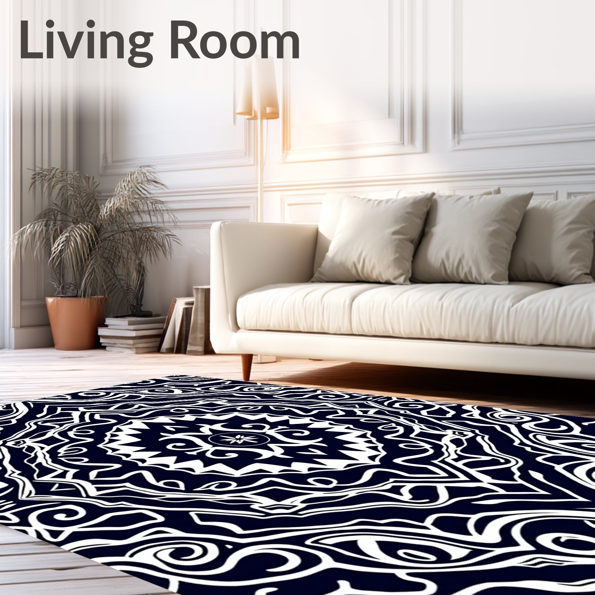 Dark Blue White Mandala Flow Rug