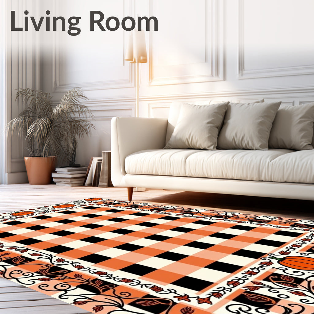 Orange Black Gingham Pumpkin Vine Border Rug