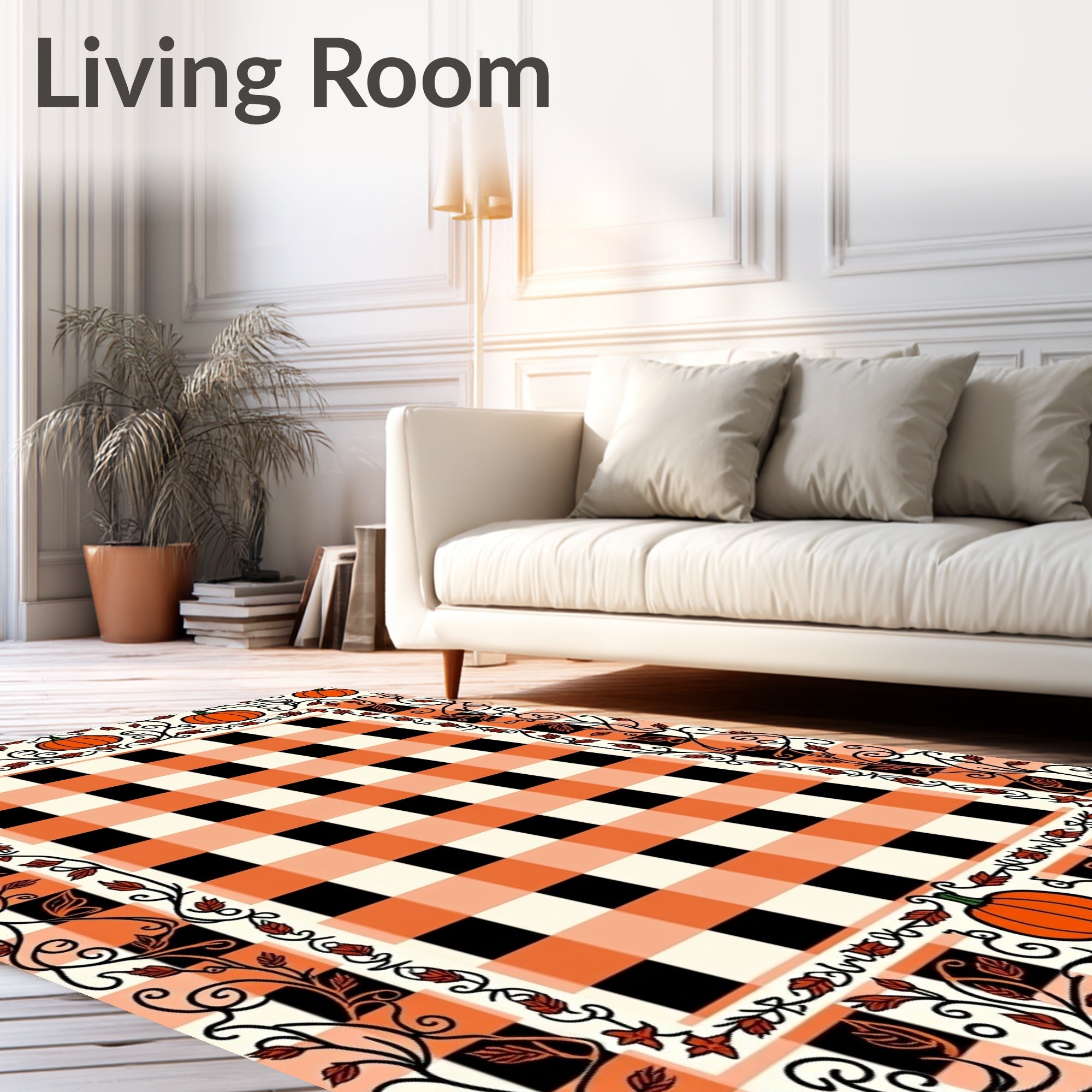 Orange Black Gingham Pumpkin Vine Border Rug