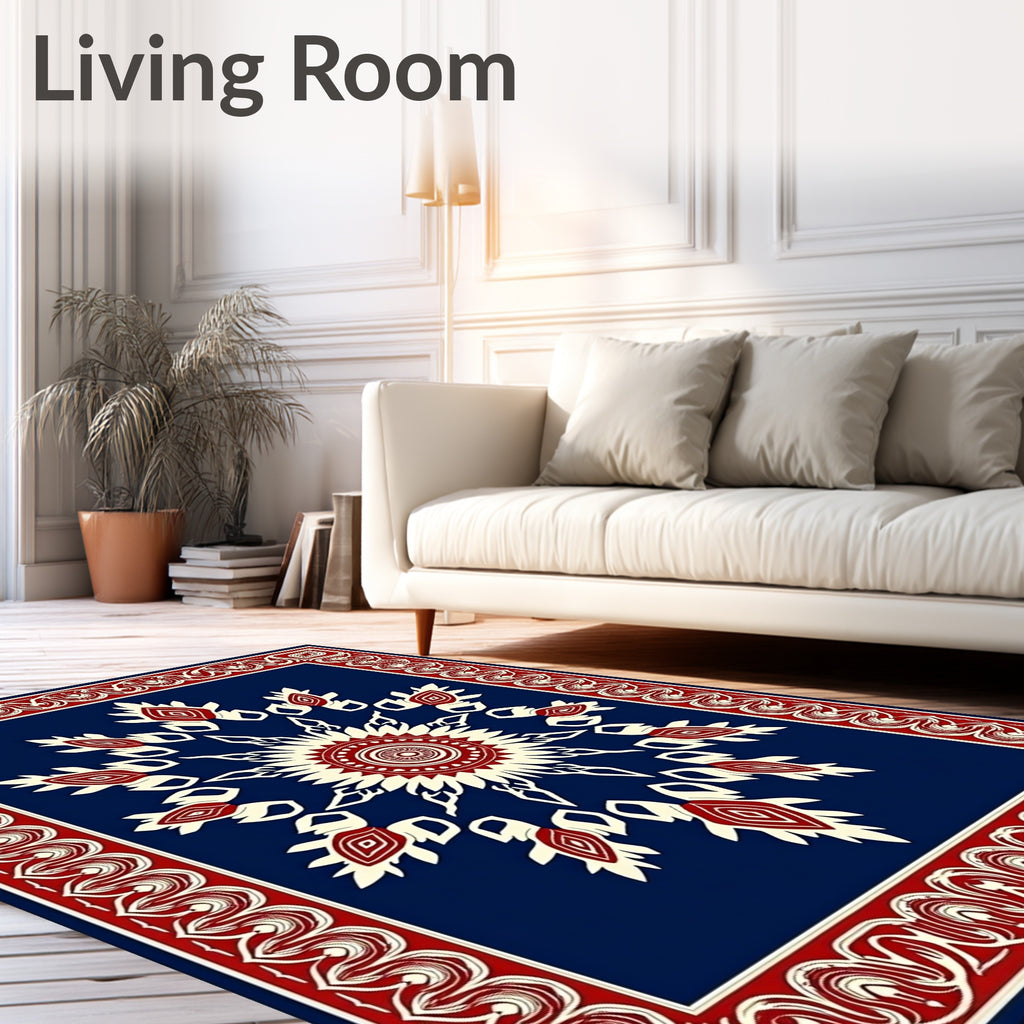 Bold Red Sunburst Mandala Border Rug