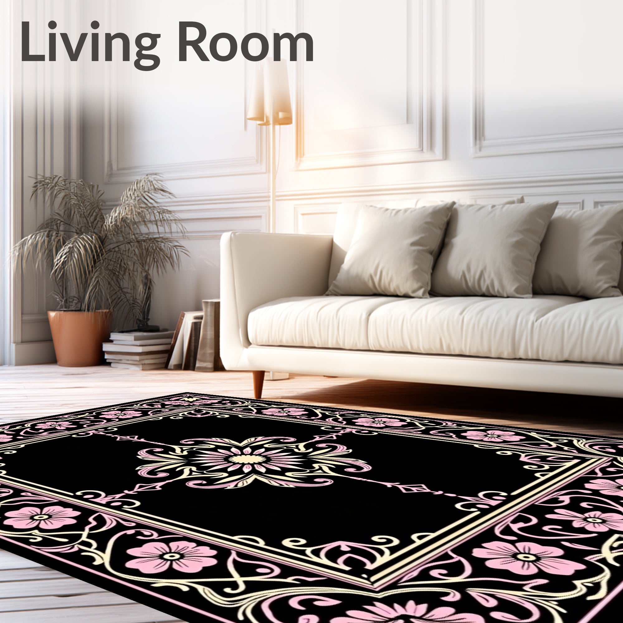 Black Pink Floral Art Nouveau Frame Rug