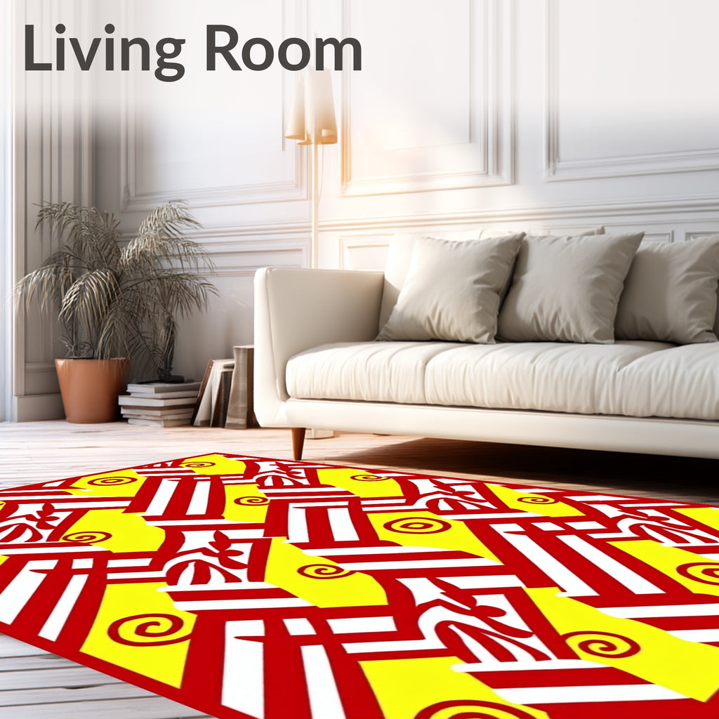Bold Red Yellow Abstract Geometric Swirls Rug