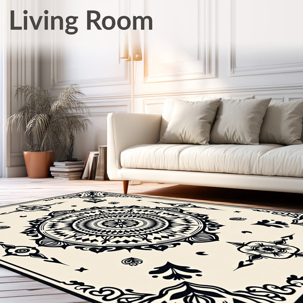 Elegant Black Geometric Medallion Sunburst Rug