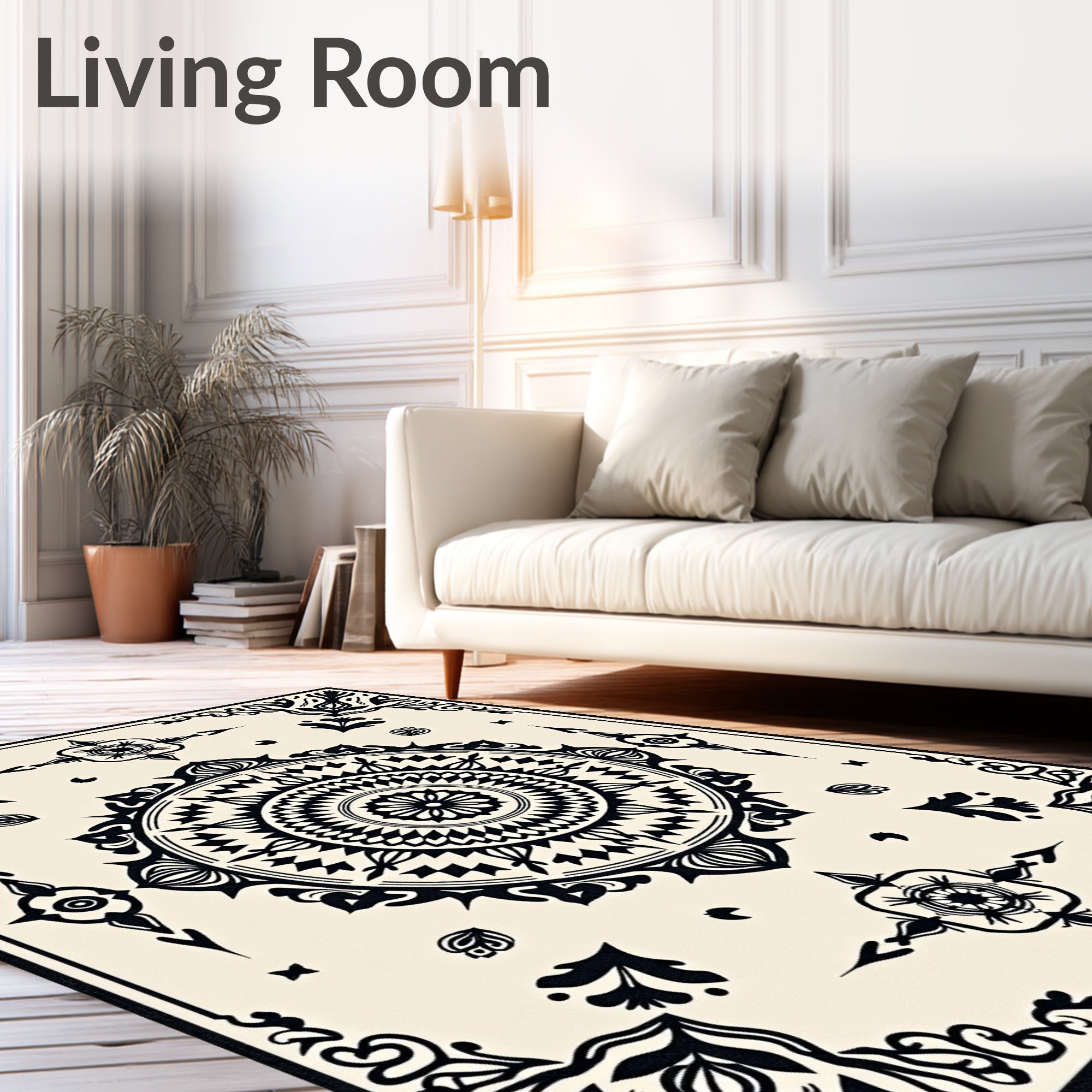 Elegant Black Geometric Medallion Sunburst Rug
