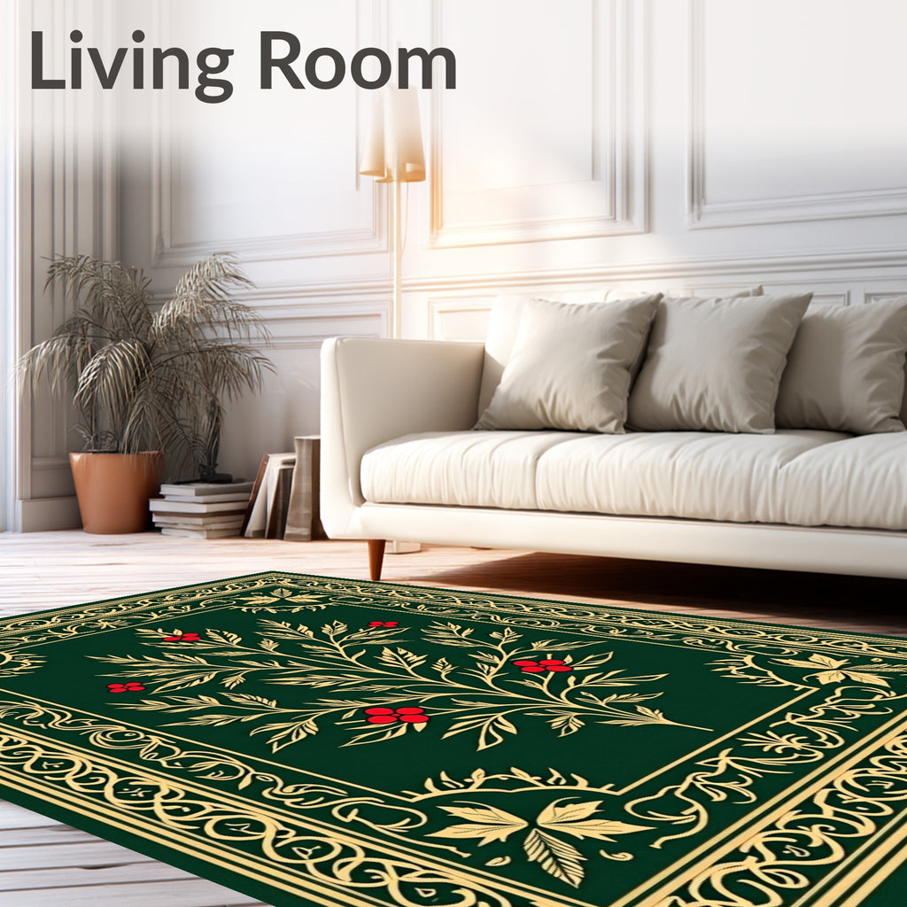 Emerald Green Red Berry Floral Vine Rug