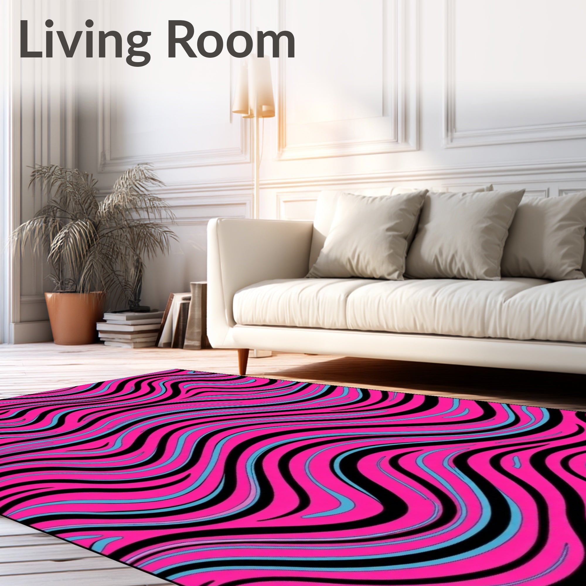 Vibrant Pink Black Blue Swirling Lines Rug