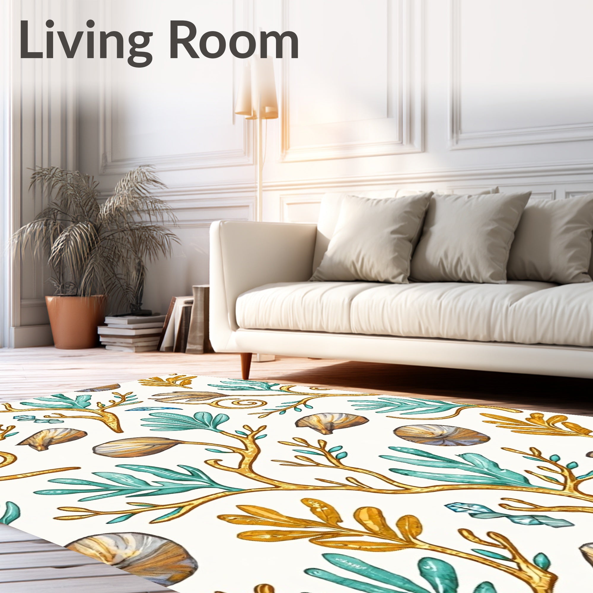 Golden Coral Teal Leaf Shells Rug