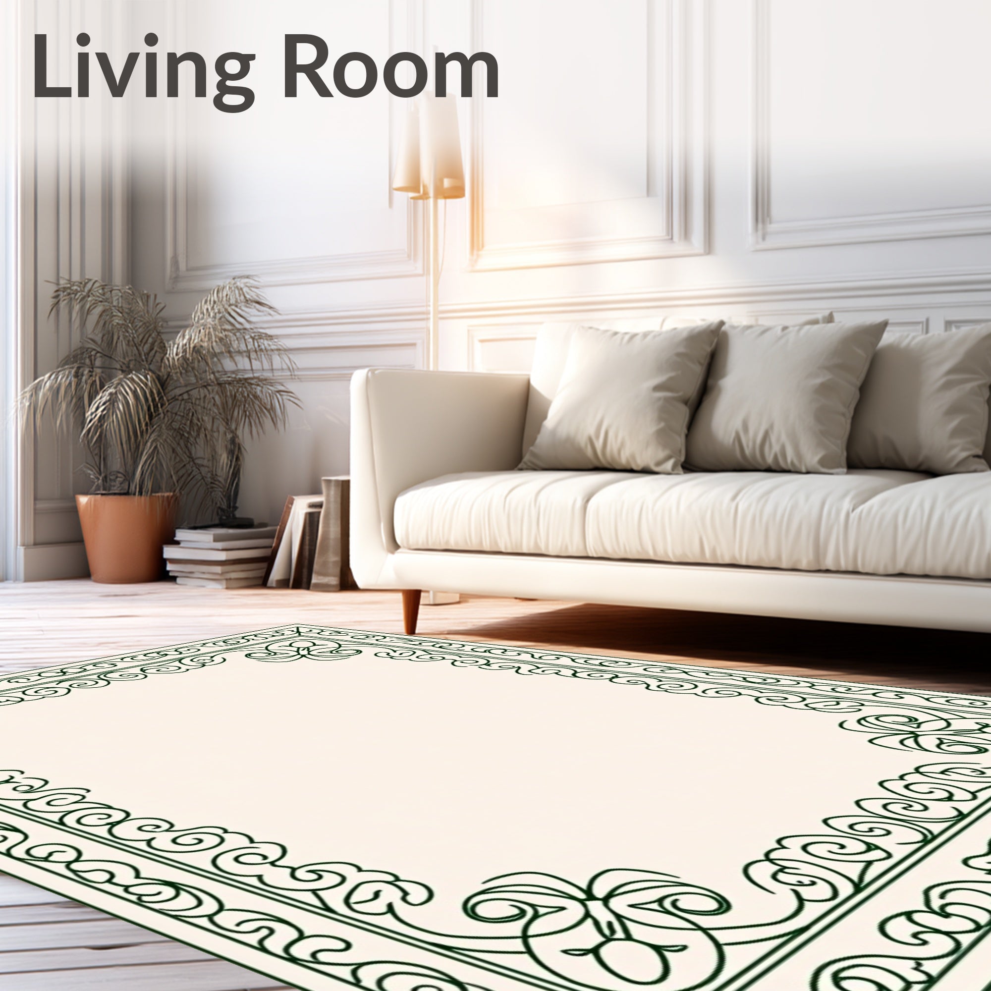 Ornate Dark Green Filigree Border Rug
