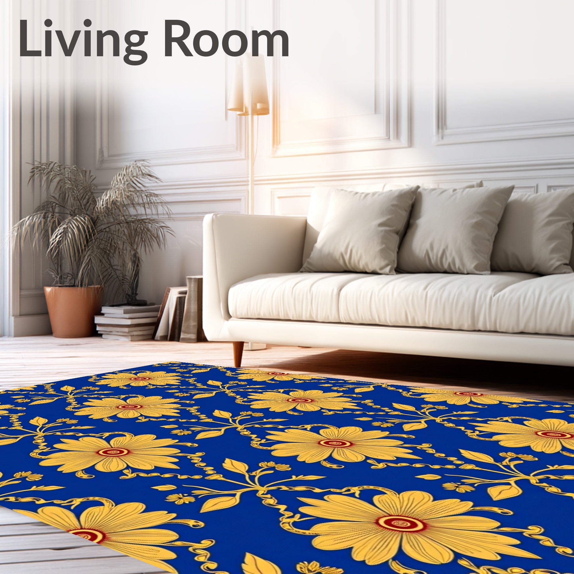 Royal Blue Yellow Floral Damask Rug