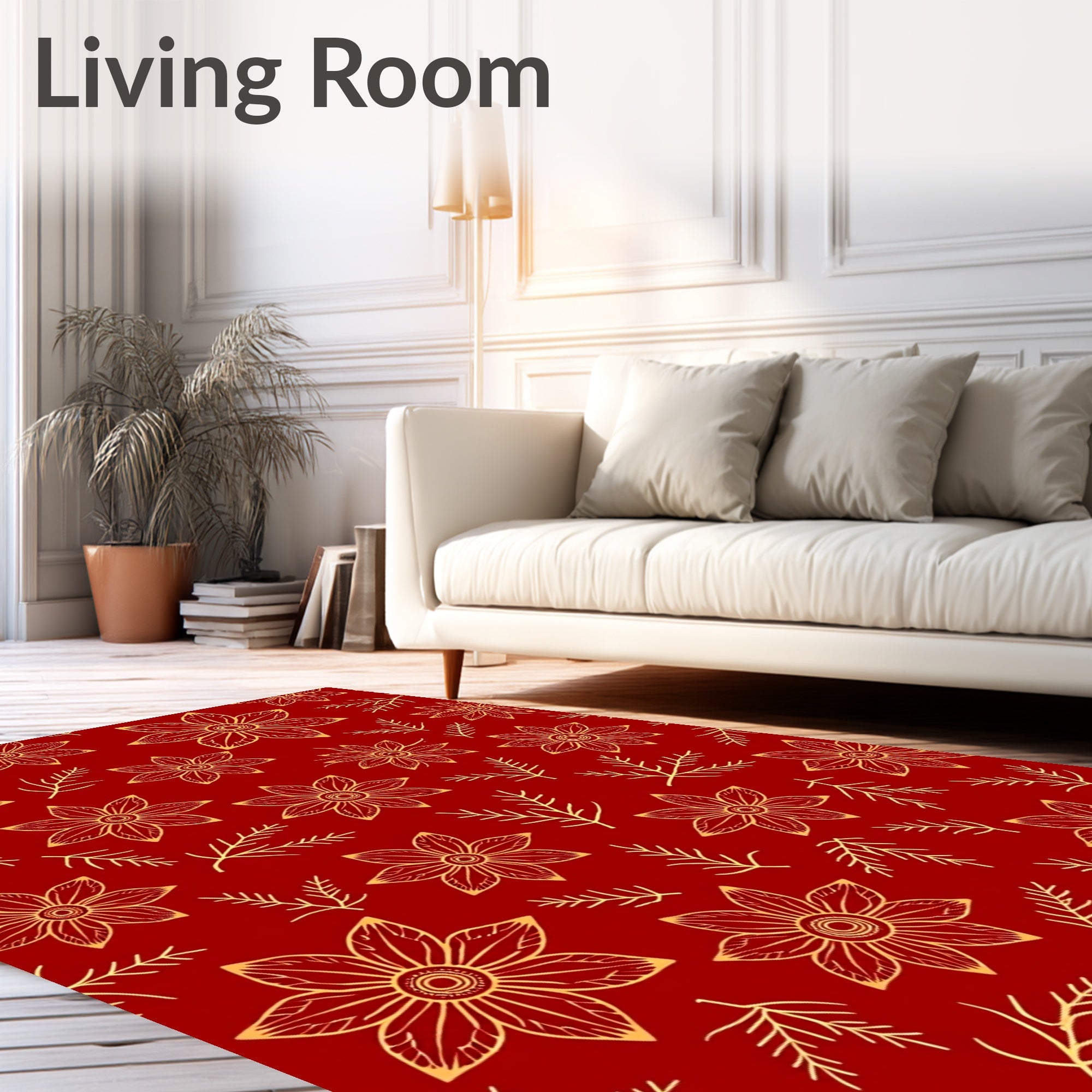 Golden Floral Sprig Red Rug
