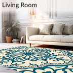 Deep Teal Floral Medallion Cream Rug