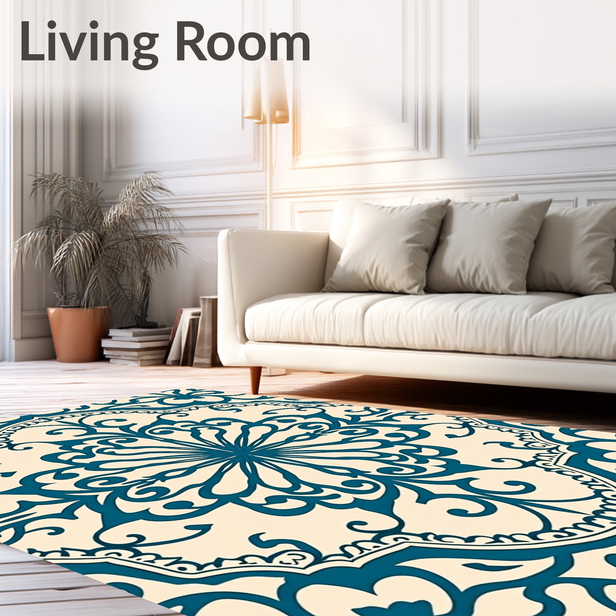 Deep Teal Floral Medallion Cream Rug