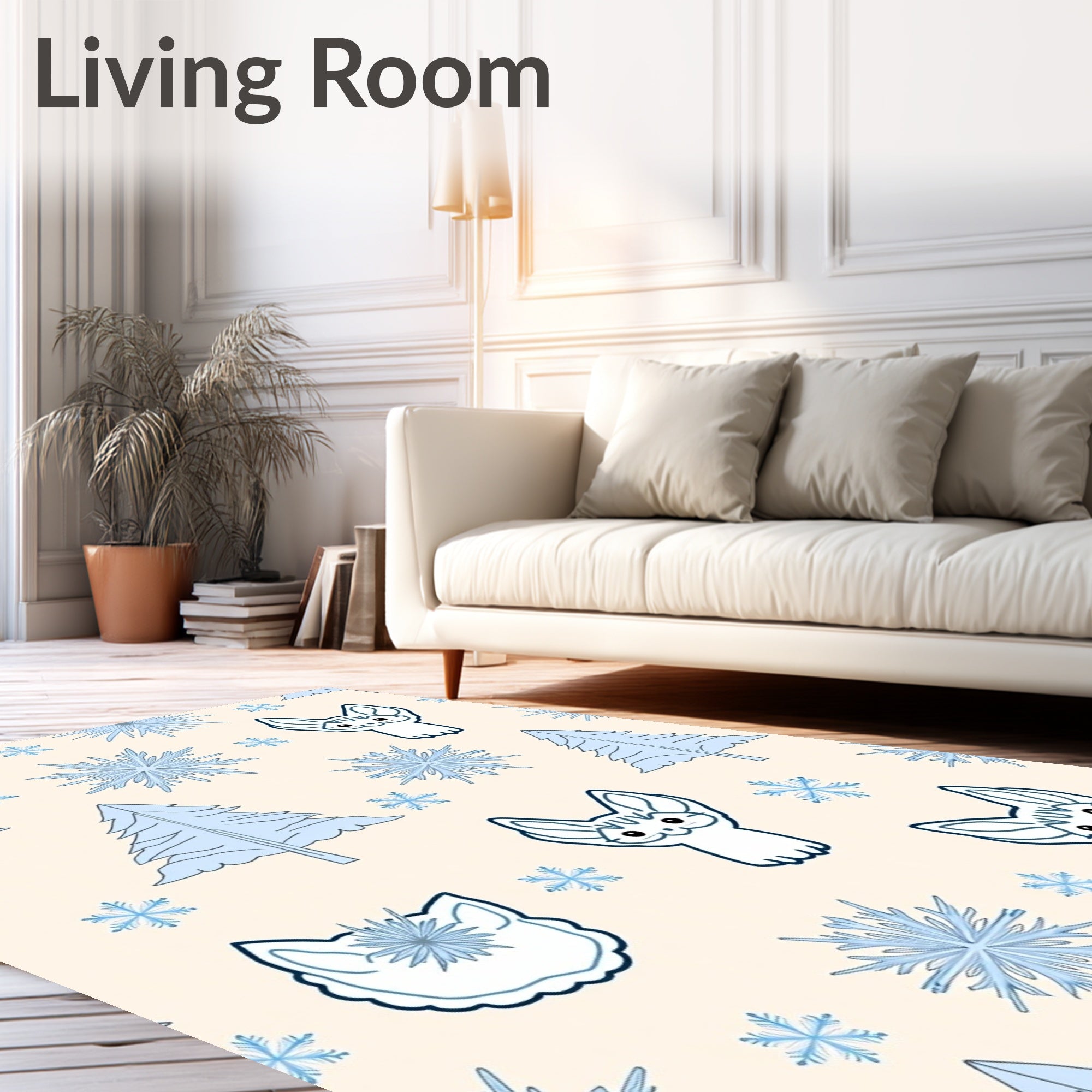 Whimsical Blue Fennec Trees Snowflakes Rug