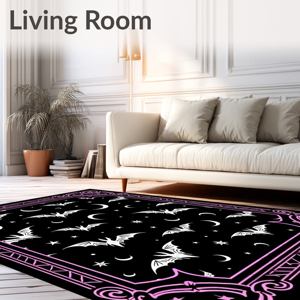 Spooky Pink Bat Moon Night Scene Rug