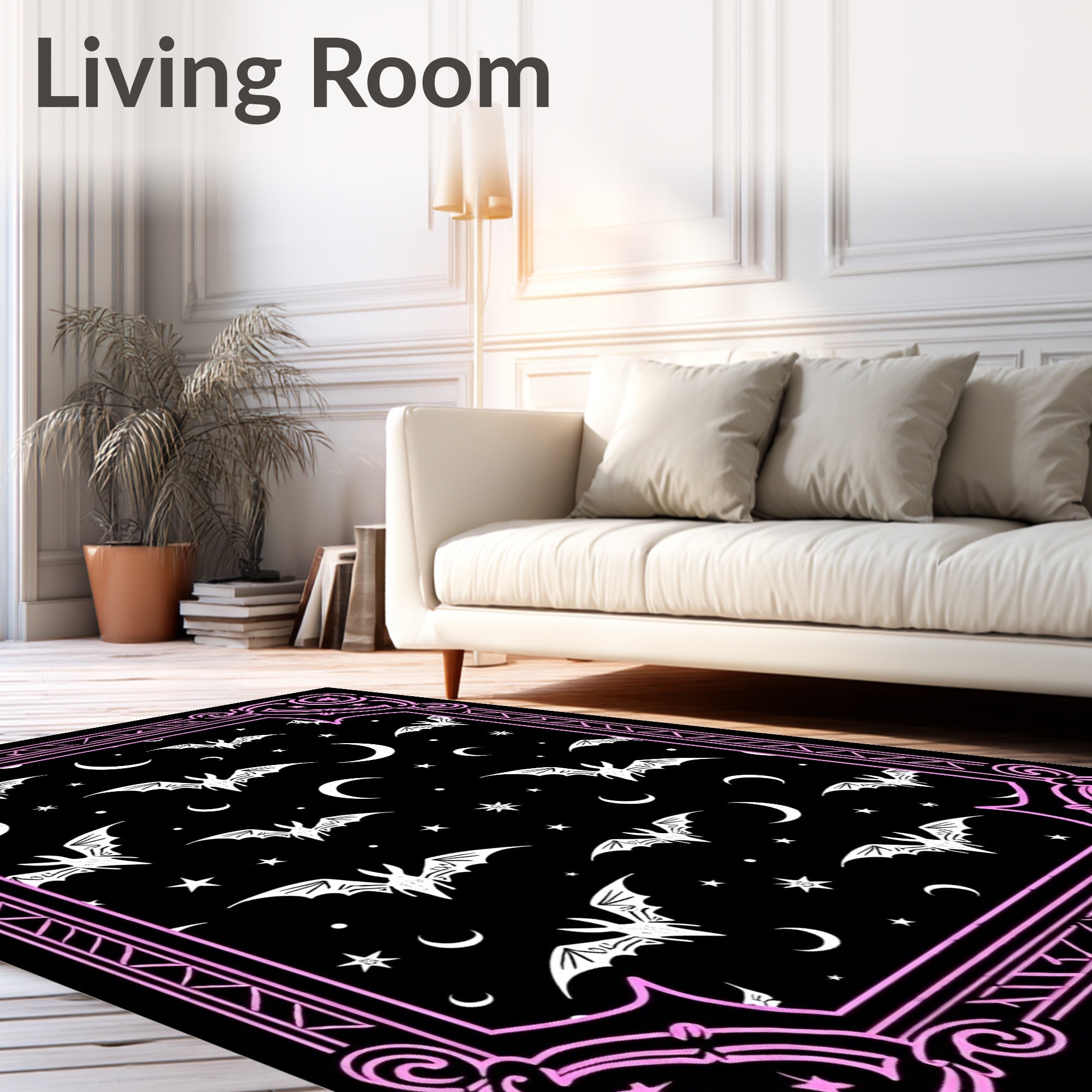 Spooky Pink Bat Moon Night Scene Rug