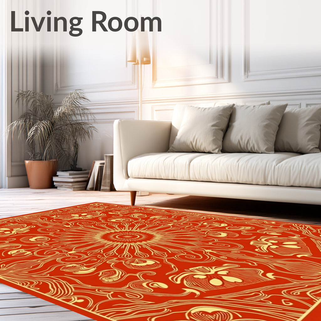 Fiery Orange Floral Sunburst Mandala Rug