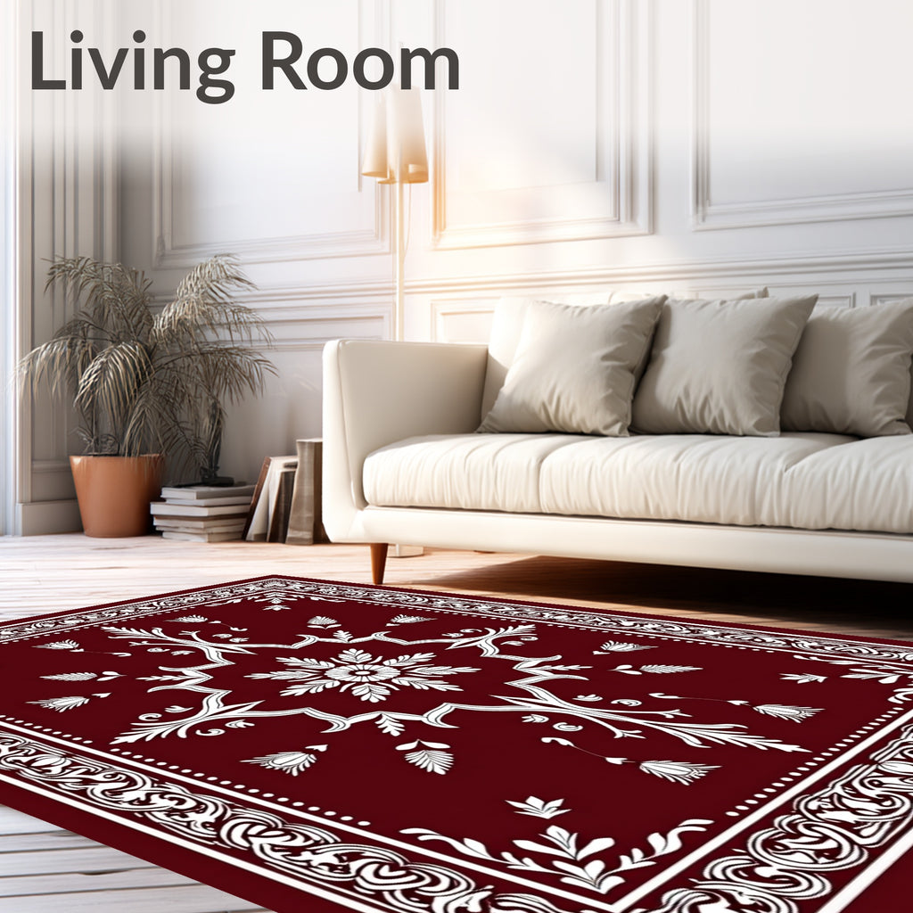Deep Red White Floral Starburst Rug