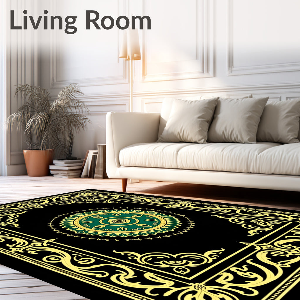 Ornate Emerald Gold Medallion Border Rug